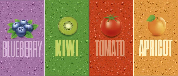 Bebidas Zumo Fondo Con Gotas Arándanos Kiwi Albaricoque Tomate — Vector de stock