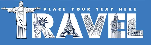 Konceptet Med Travel Berömda Platser Nyc Big Ben Eiffeltornet Frihetsgudinnan — Stock vektor