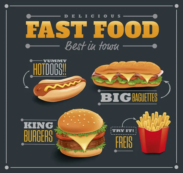 Fast Food Itens Hambúrguer Batatas Fritas Cachorro Quente Baguete — Vetor de Stock
