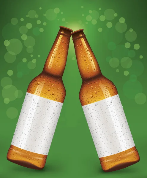 Acclamations bouteilles de bière avec étiquette vierge sur fond vert — Image vectorielle