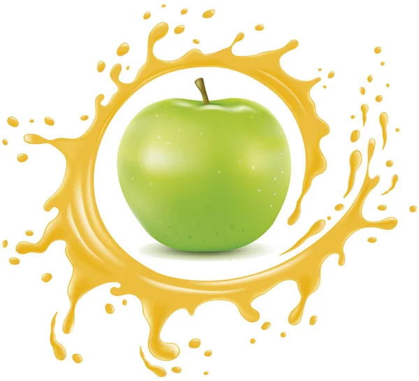 Manzana fresca con salpicaduras y muchas gotas de jugo — Vector de stock