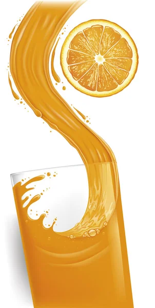 Nalévání Sklenice Pomerančové Šťávy Vytváří Splash Čerstvý Pomerančový Plátek — Stockový vektor