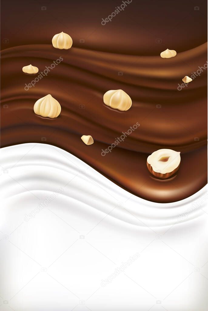milk chocolate background with fresh hazelnuts