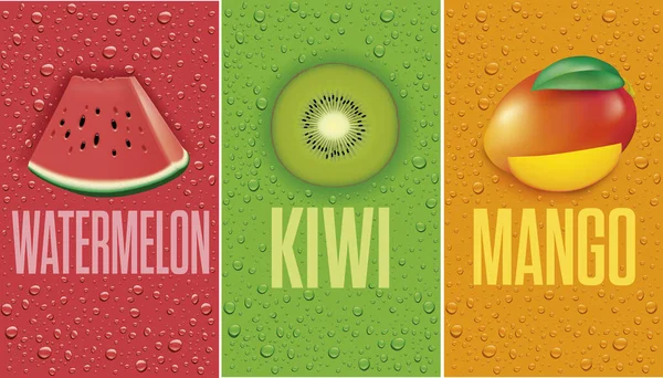 Många Färska Juice Droppar Bakgrund Med Vattenmelon Kiwi Mango — Stock vektor