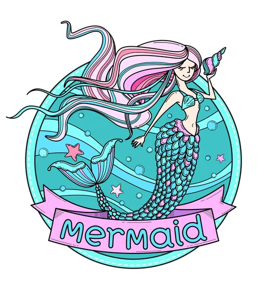 Cute Poster Greeting Card Sticker Print Mermaid Sea Waves Starfish — Stock Vector