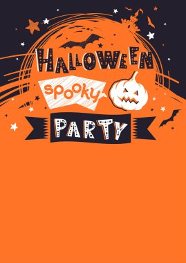 Cadılar Bayramı Partisi Davetiyesi, poster, afiş veya zemin elle çizilmiş metin ile. Kale, yarasa ve kabak ile güzel çocukça illüstrasyon. Vektör tatil arka plan