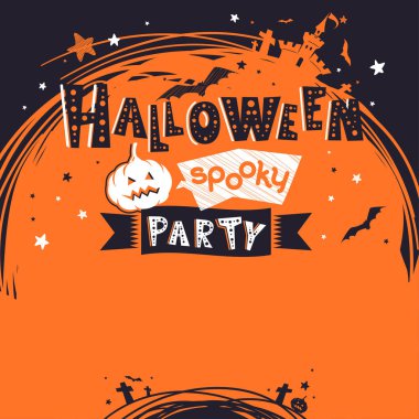 Cadılar Bayramı Partisi Davetiyesi, poster, elle çizilmiş metin ile banner. Çocukça illüstrasyon kale, yarasa ve kabak. Vektör tatil arka plan. Metniniz için boş alanı. Kare kompozisyon