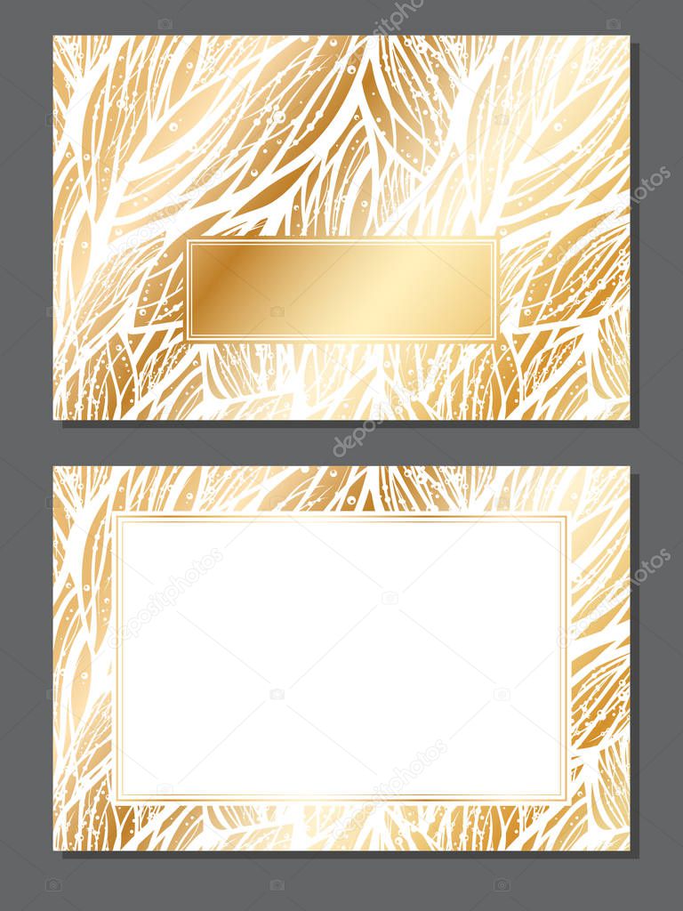 Luxury invitation card with empty space for your text. Wedding or Christmas holiday decoration. Golden and white abstract floral pattern with frame. Vector template design. Horizontal composition. 