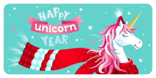 Cute New Year Atau Kartu Ucapan Natal Dengan Unicorn Topi - Stok Vektor