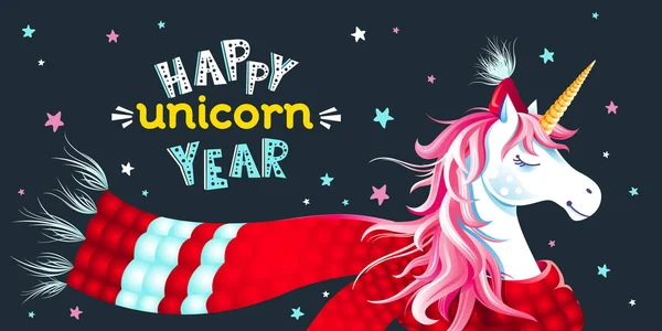 Cute New Year Atau Kartu Ucapan Natal Dengan Unicorn Topi - Stok Vektor