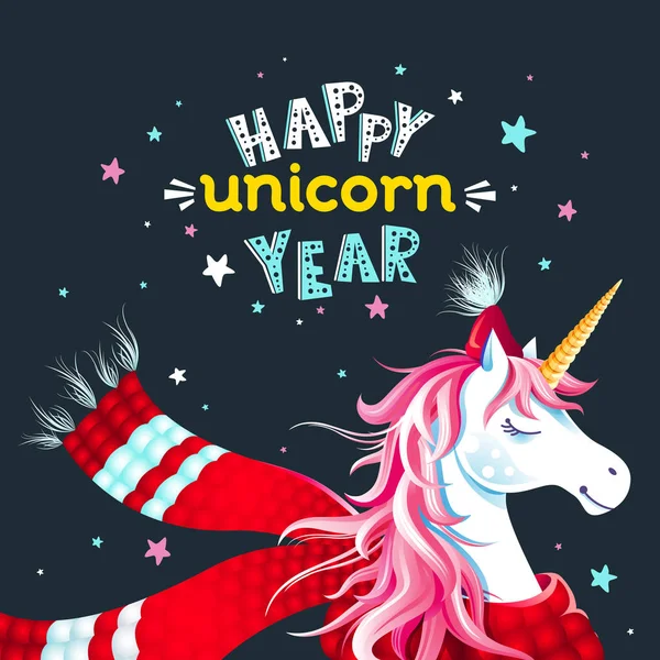 Cute New Year Christmas Greeting Card Unicorn Santa Hat Scarf — Stock Vector