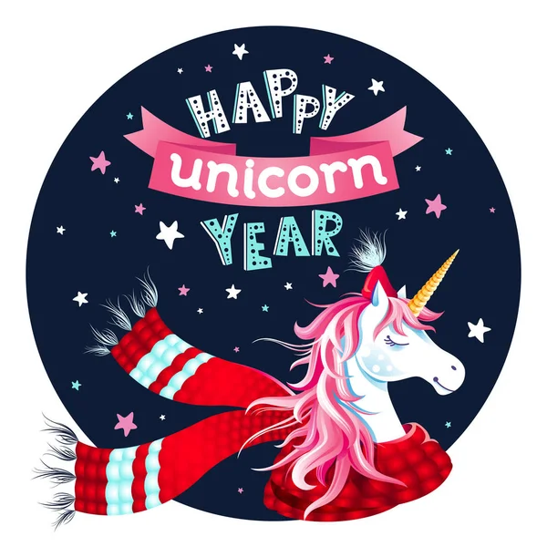 Cute New Year Christmas Greeting Card Unicorn Santa Hat Scarf — Stock Vector