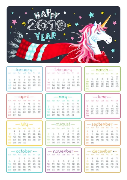 Calendário Bonito 2019 Ano Com Unicórnio Cachecol Estrelas Sobre Fundo — Vetor de Stock