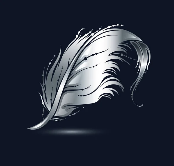 Silberne Vogelfeder Ikone Dekoratives Gestaltungselement Isoliert Auf Schwarzem Hintergrund Vektorillustration — Stockvektor