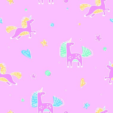 Tek boynuzlu atlarla kusursuz desen. Doodle çizgi film karakterleri. Ambalaj kağıdı, kumaş tasarımı, giyim baskı, parti davetiyeleri, afiş için Sevimli Vektör illüstrasyon. Anahat öğeleri