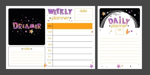 Motywacyjny Planner Zestaw Ręcznie Rysowane Napis Dreamer Vector Cartoon Tygodnik — Wektor stockowy