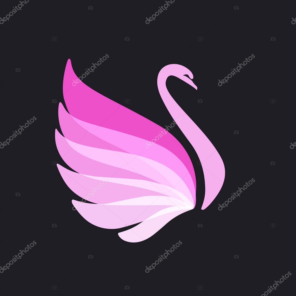 Stylized Pink Swan silhouette on black background. Bird image. Vector illustration. Works well as emblem, print, computer icon, insignia, mascot, element for greeting or business card.