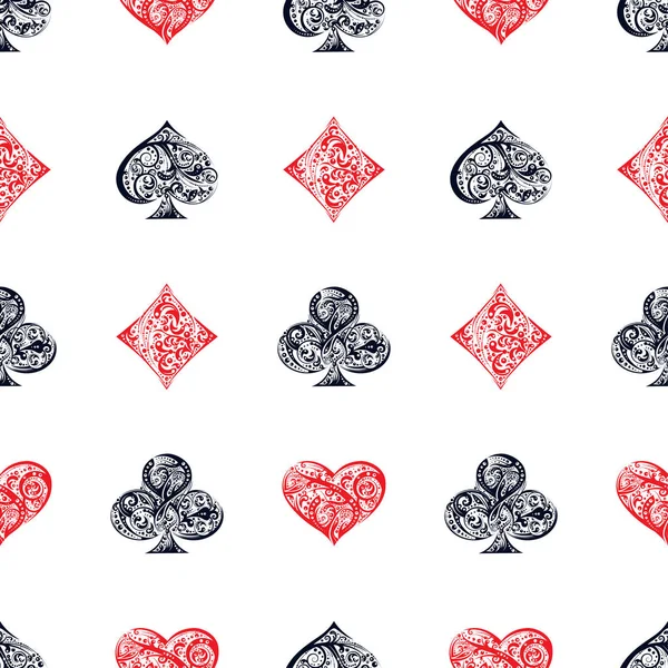 Oyun Kartı ile vektör dikişsiz desen çiçek elemanları tarafından yapılan semboller uygun. Casino afiş, poker arka plan, kumar tasarımı, etiket için kırmızı, beyaz ve siyah renklerde Vintage illüstrasyon