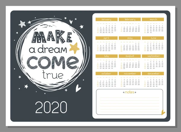 2020 Rok Horizontální Kalendář Kreslené Písmem Udělej Mnou Sen Vector — Stockový vektor