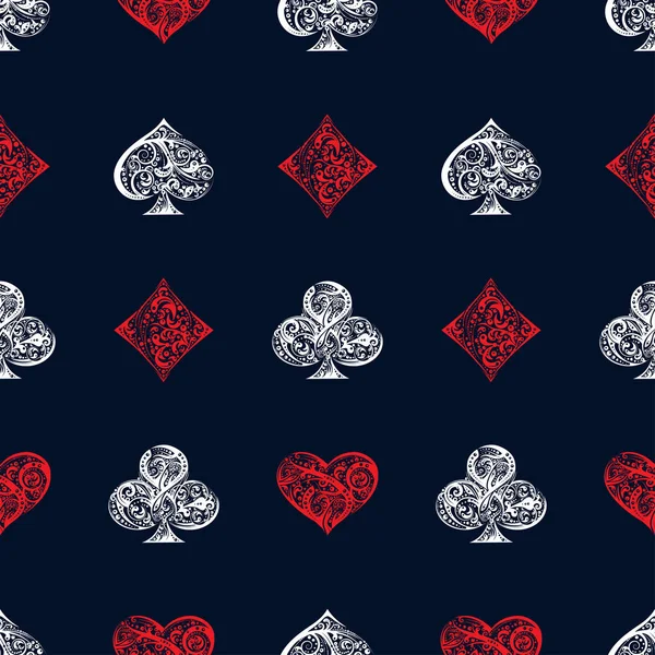 Çiçek unsurları tarafından yapılmış Playing Card takım elbisesi sembolleriyle vektör kusursuz desen. Siyah arka planda kırmızı beyaz klasik illüstrasyon. Kumarhane bayrağı, poker arkaplanı, kumar tasarımı, etiket