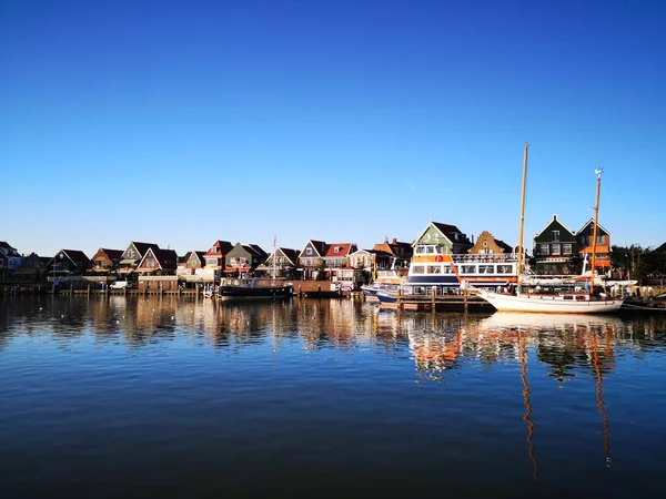 Boats Docked Houses Next Body Water Stock Image