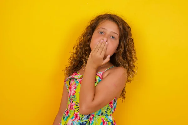 Close Portrait Beautiful Little Girl Wearing Summer Dress Yellow Background — Stock Photo, Image