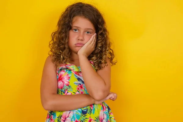 Gloomy Young Sad Little Girl Wearing Summer Dress Yellow Background — Stock Photo, Image