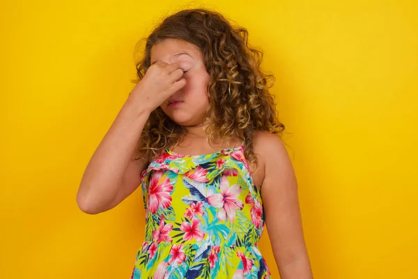 Very Upset Charming Little Girl Wearing Summer Dress Yellow Background — Stock Photo, Image