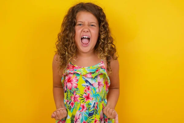 Portrait Beautiful Little Girl Wearing Summer Dress Yellow Background Looks — Stock Photo, Image