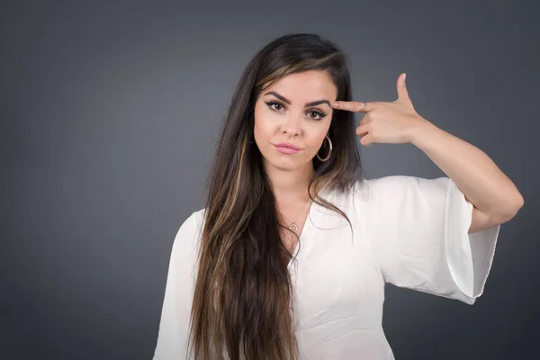 Unhappy Blonde Woman Curves Lips Makes Suicide Gesture Tired Everything — Stock Photo, Image