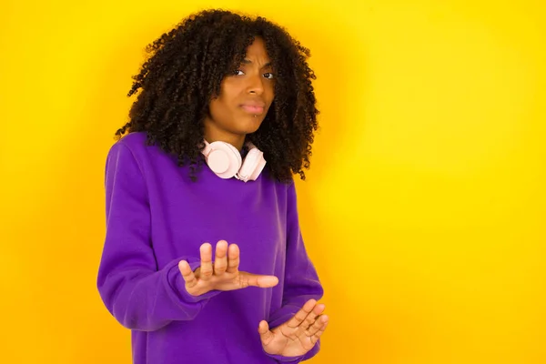African American Female Looks Unhappy Shows Stop Her Hands Emotions — Stock Photo, Image