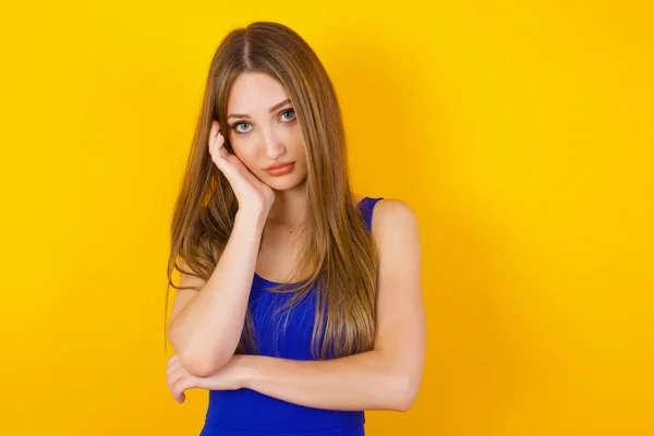 Gloomy Young Sad Girl Sighing Upset Stoop Look Forehead Lonely — Stock Photo, Image