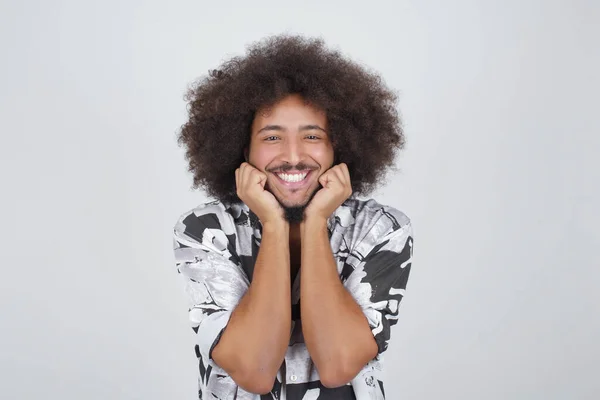 Dreamy Young European Man Keeps Hands Pressed Together Chin Looks — Stock Photo, Image