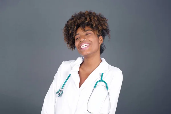 Joyful African American Doctor Woman Having Fun Laughs Good Joke — Stock Photo, Image