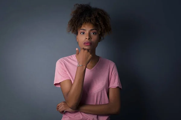 Isolated Portrait African American Woman Hand Face Looking Camera Doubtful — Stock Photo, Image