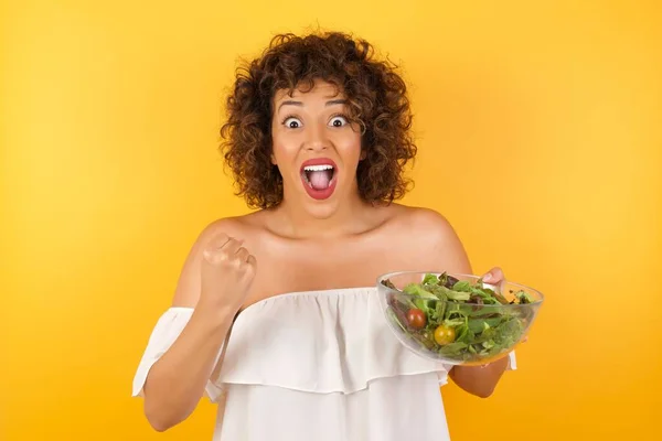 Arab Woman Salad Rejoicing Her Success Victory Clenching Her Fists — Stock Photo, Image