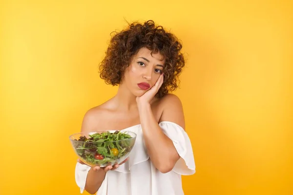 Gloomy Young Sad Girl Holding Salad Dressed Casual Sighing Upset — Stock Photo, Image