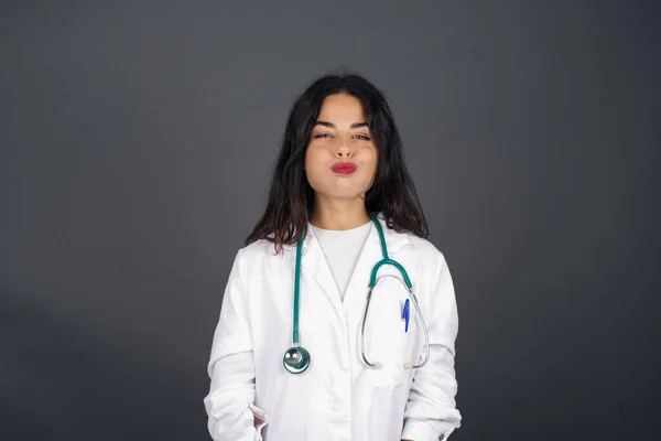 Beautiful Young Doctor Woman Puffing Cheeks Funny Face Mouth Inflated — Stock Photo, Image