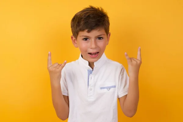 Cute Boy Horns Gesture Yellow Wall — Stock Photo, Image