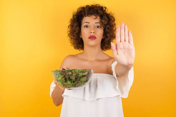 Young Beautiful Arab Woman Salad Doing Stop Gesture Palm Hand — Stock Photo, Image