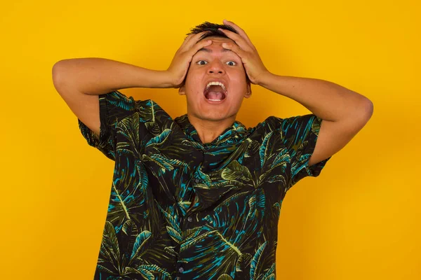 Horrible Stress Shock Portrait Young Hispanic Emotional Crazy Man Clasping — Stock Photo, Image