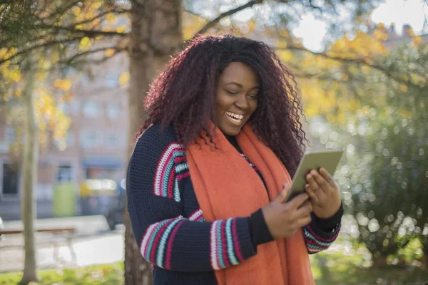 Güz parkında renkli süveter ve tablet giyen uzun saçlı güzel Afrikalı Amerikalı kadın.  