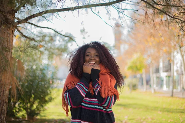 Jovem Bela Mulher Afro Americana Com Cabelos Longos Encaracolados Vestindo — Fotografia de Stock