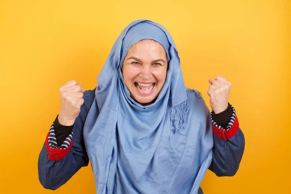 Yes Winner Portrait Charming Delighted Excited Caucasian Female Student Raising — Stock Photo, Image