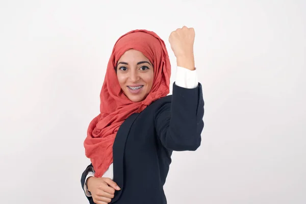 Overjoyed Happy Excited Beautiful Muslim Woman Wears Black Blazer Hijab — Stock Photo, Image