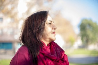 Parktaki orta yaşlı güzel Arap kadın.  