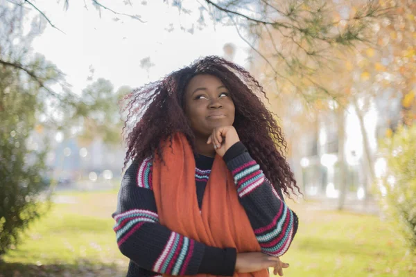 Uzun Kıvırcık Saçlı Renkli Süveter Giyen Güzel Afro Amerikan Kadın — Stok fotoğraf