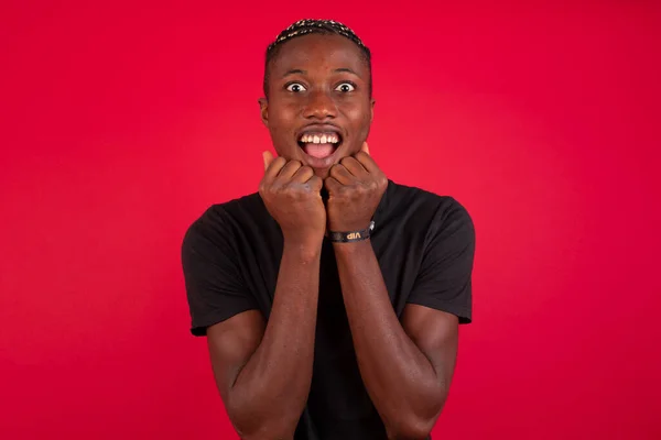 Studio Shot Pleased Lovely African American Man Keeps Hands Together — Stock Photo, Image