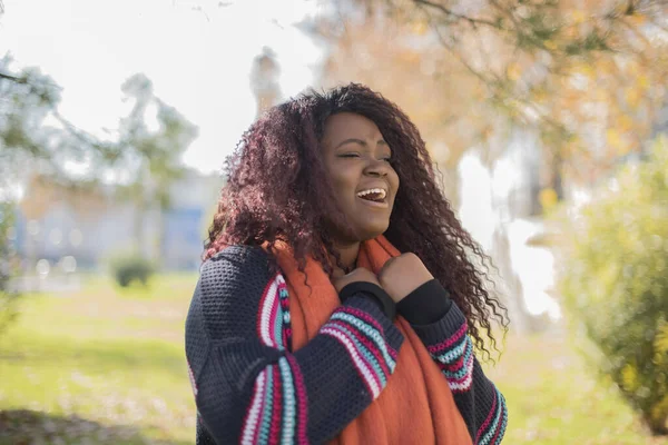 Hermosa Mujer Afroamericana Con Pelo Largo Usando Suéter Colorido Riendo —  Fotos de Stock