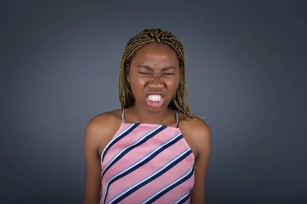 Mad Crazy African American Woman Clenches Teeth Angrily Being Annoyed — Stock Photo, Image